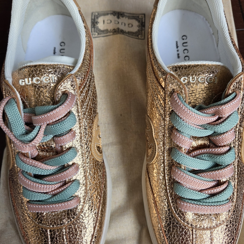 Gucci Women’s Gold Leather Sneaker with Pink & Mint Laces